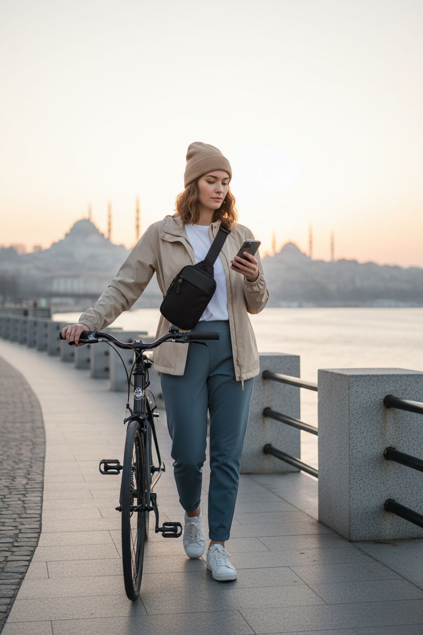 higouta Mini Sling Bag worn crossbody while checking directions by a riverside path, ideal for outdoor use