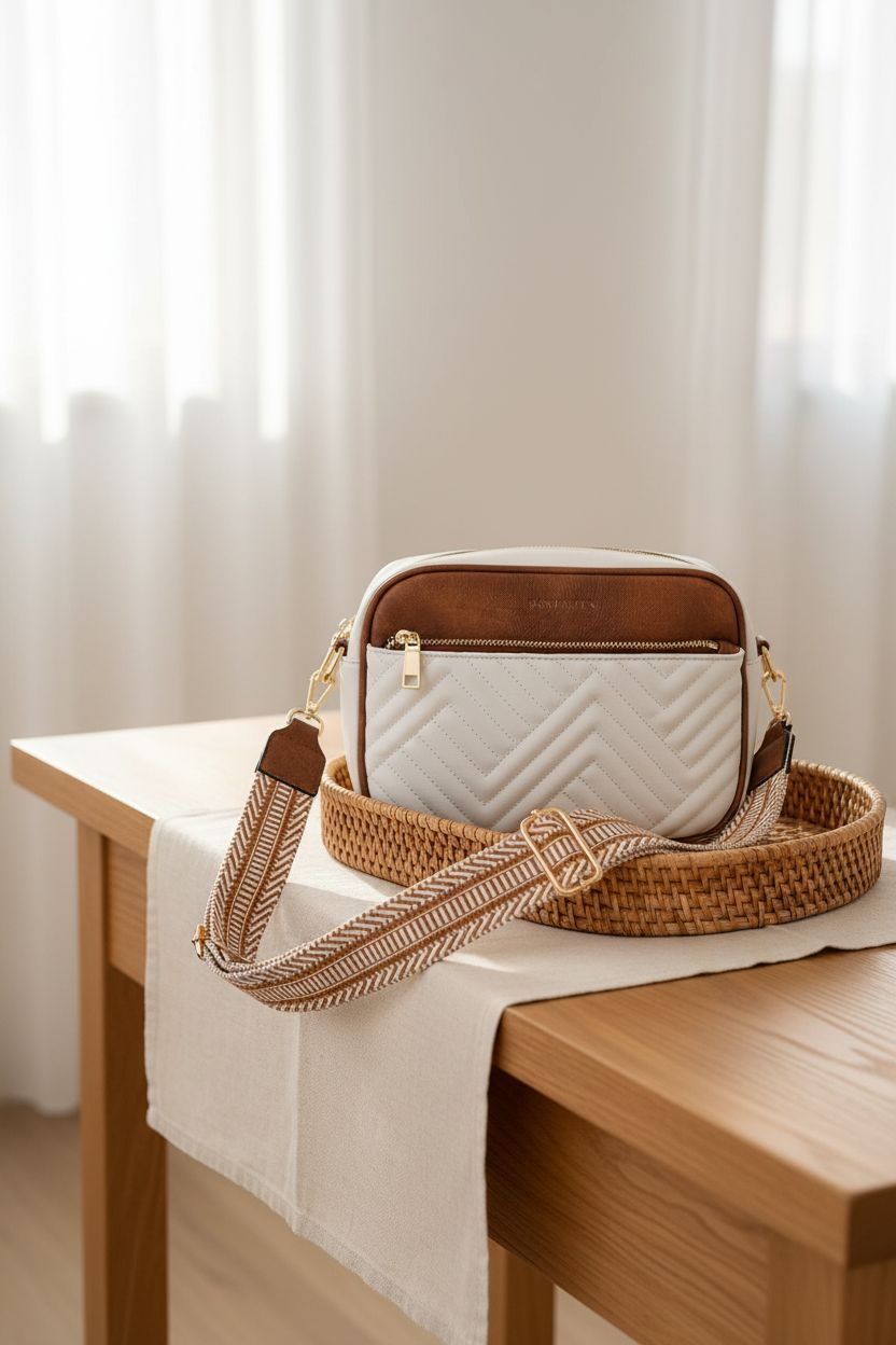 BOSTANTEN quilted crossbody bag beautifully styled in a cozy entryway setting.