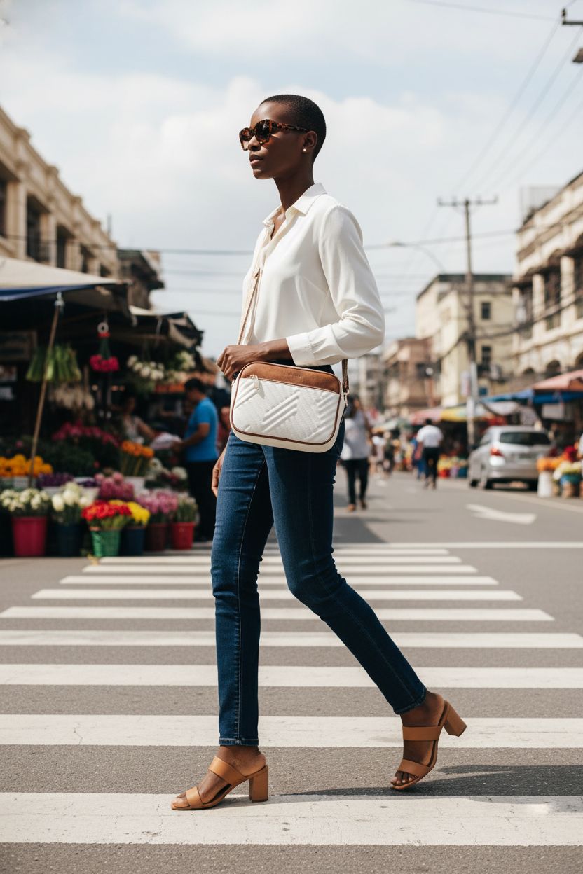 BOSTANTEN beige quilted crossbody bag with brown trim, perfect for stylish outings.