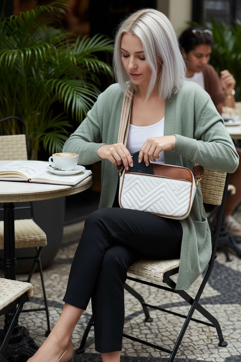 BOSTANTEN small vegan leather purse with phone in pocket, ideal for café visits.