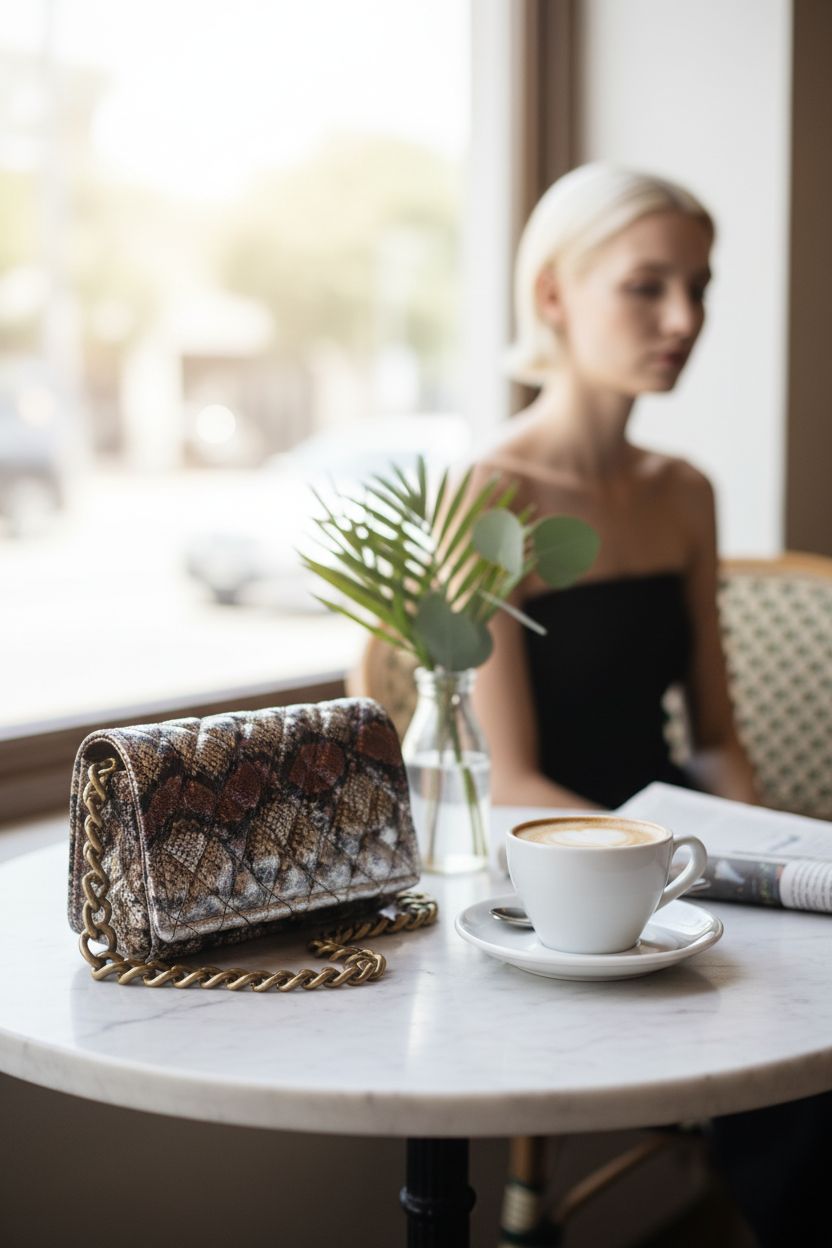 Montana West snake print purse resting on a café table, creating a relaxed Sunday vibe.