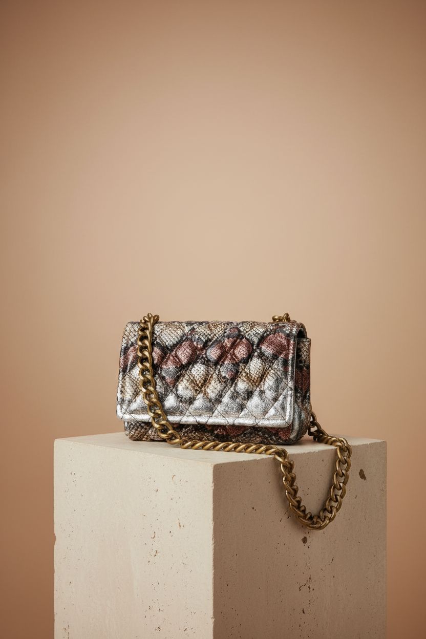 Montana West snake print purse showcased on a stone plinth, highlighting its elegant design and faux-leather texture.