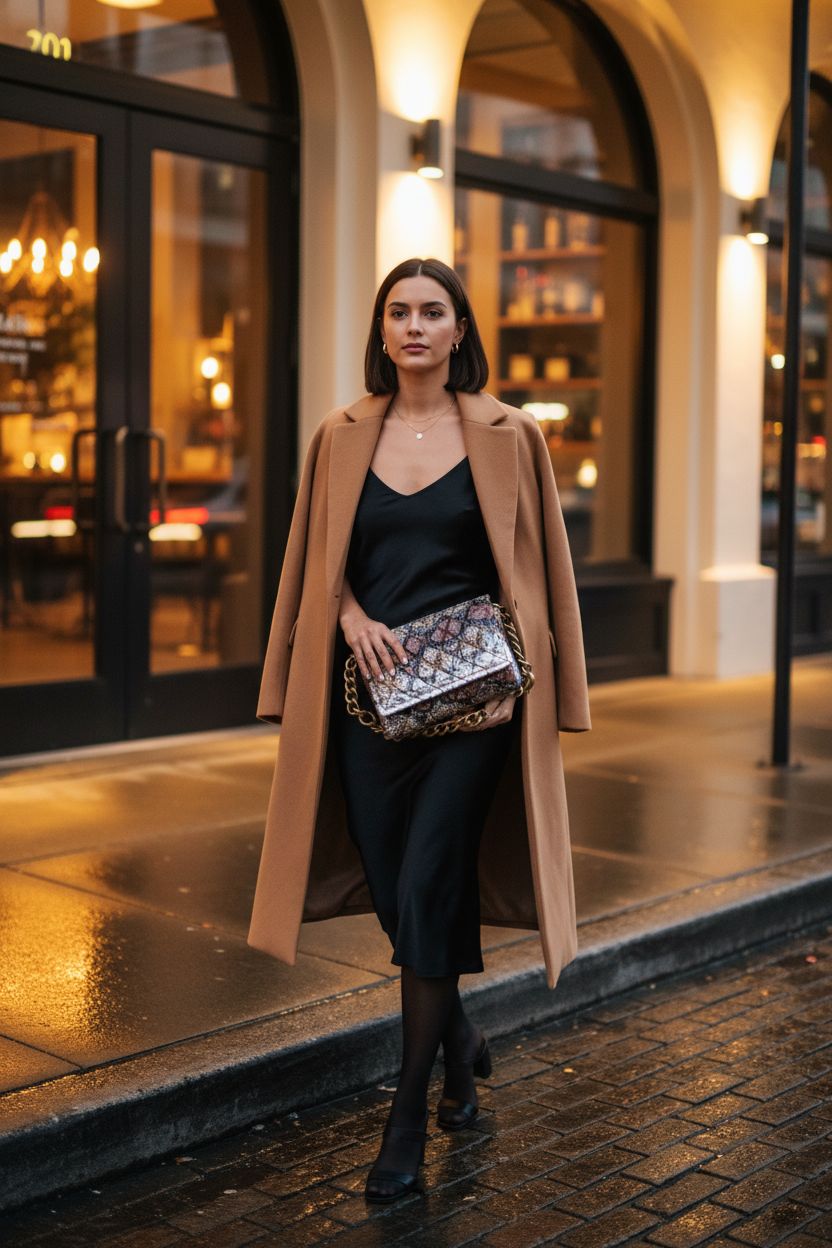 Montana West snake print purse paired with a chic outfit outside a wine bar, enhancing date night style.