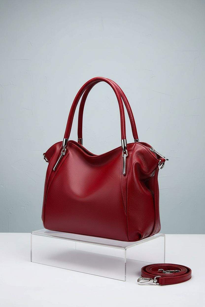 HESHE soft leather handbag showcased elegantly on a minimalist acrylic stand