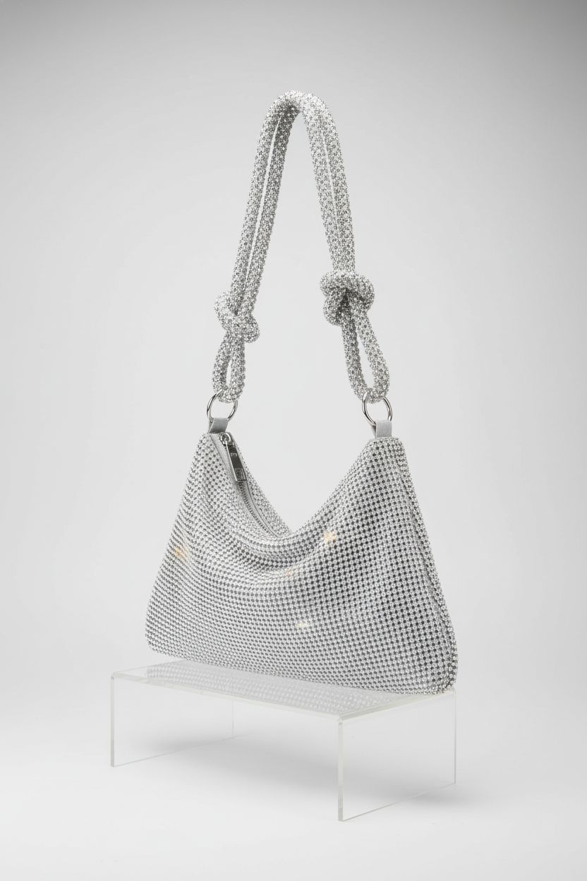 QLBO silver rhinestone purse displayed elegantly on an acrylic riser, showcasing its detailed design.