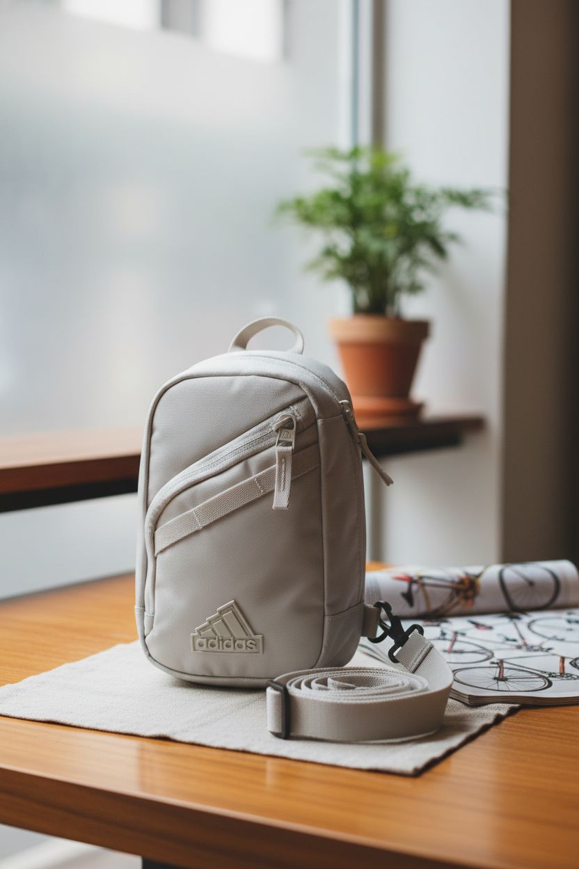adidas Prime Mini Sling Crossbody Bag resting on a table in a cozy café, highlighting its textured fabric and logo.