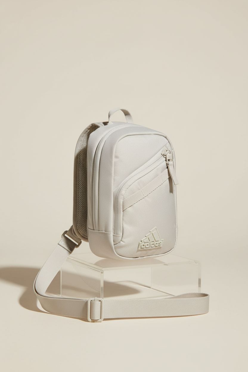 adidas Prime Mini Sling Crossbody Bag in Wonder Alumina Grey on an acrylic riser, showcasing its sleek design and adjustable strap.