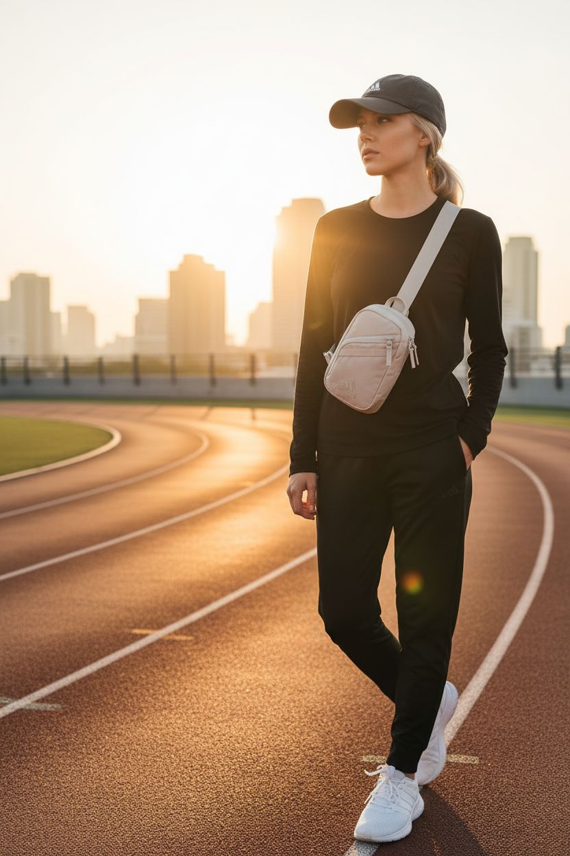 adidas Prime Mini Sling Crossbody Bag in Wonder Alumina Grey worn stylishly during a morning run on an urban track.