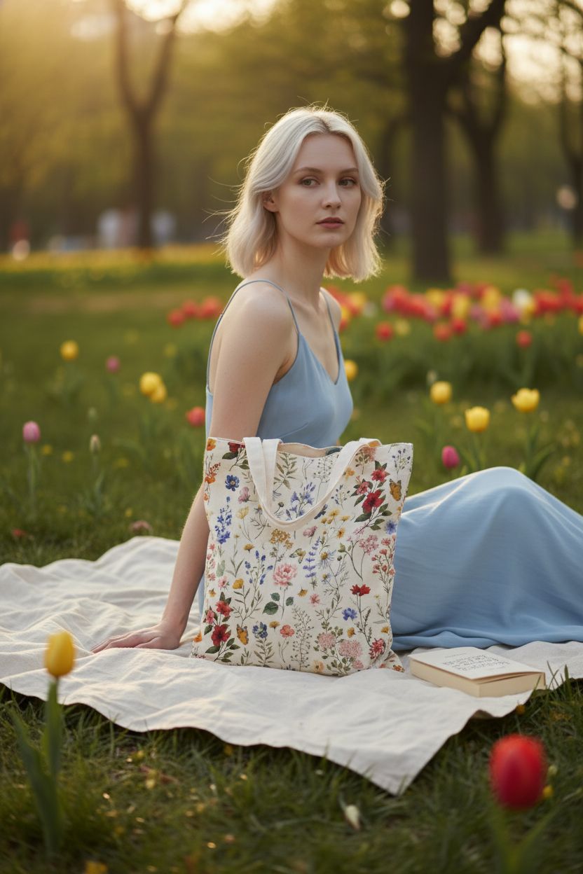Miss Adola floral tote bag near a picnic setup, perfect for spring outings and relaxation.