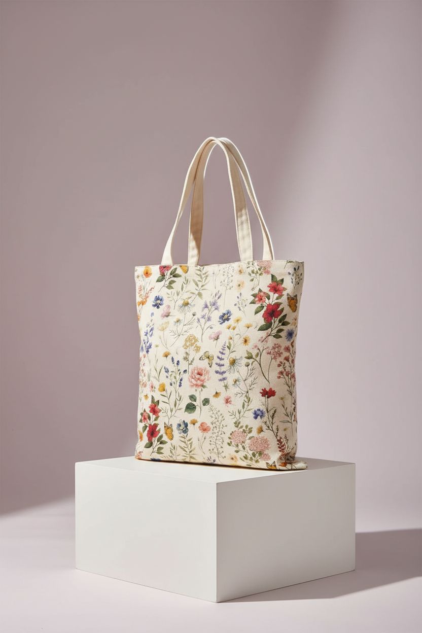 Miss Adola floral tote bag displayed with high-contrast detail showcasing its cotton material.