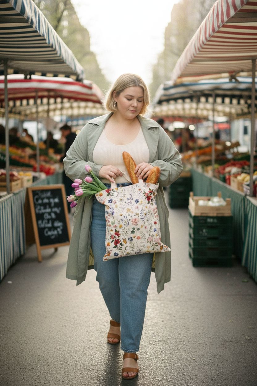 Miss Adola floral tote bag in a spring farmers' market, perfect for groceries and outings.
