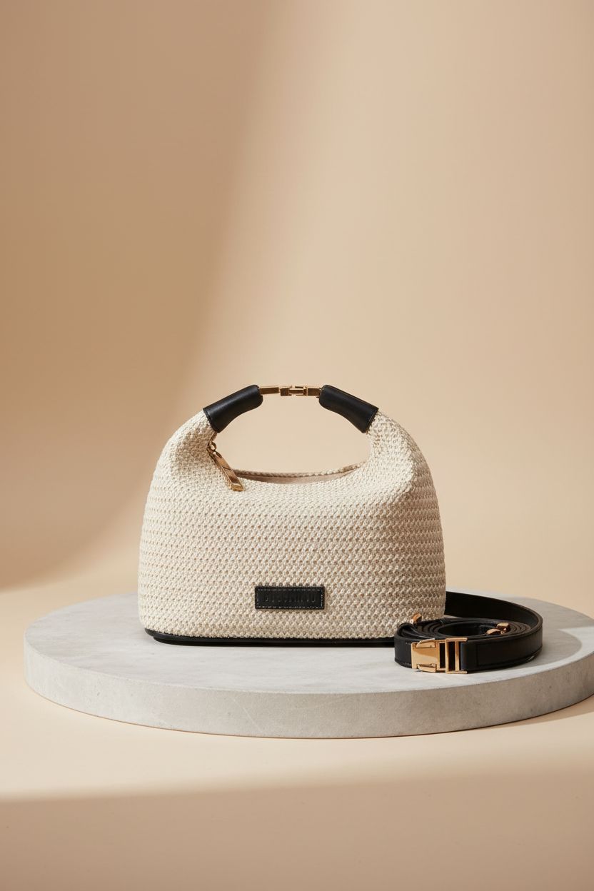 Missnine small straw purse highlighted against a soft beige studio backdrop.