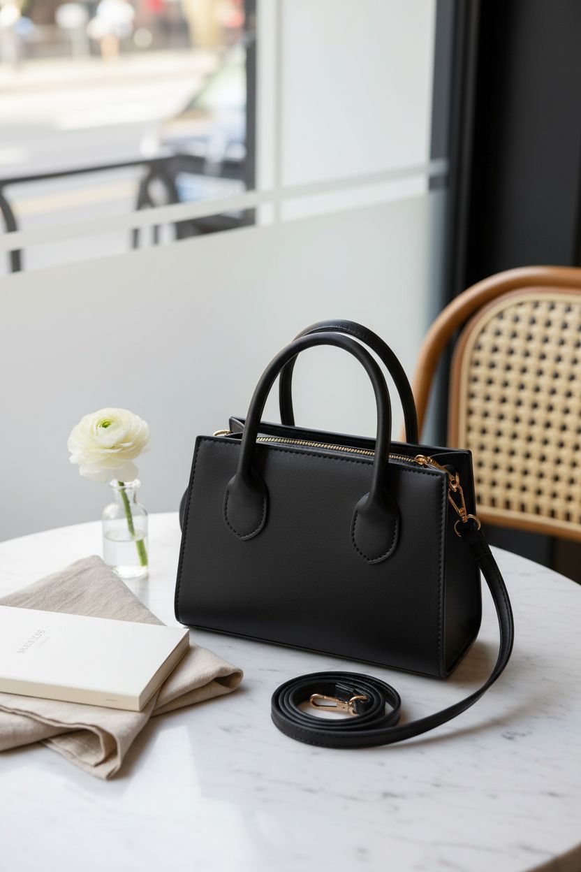 GORGLITTER black square purse elegantly placed on a café table with morning light.