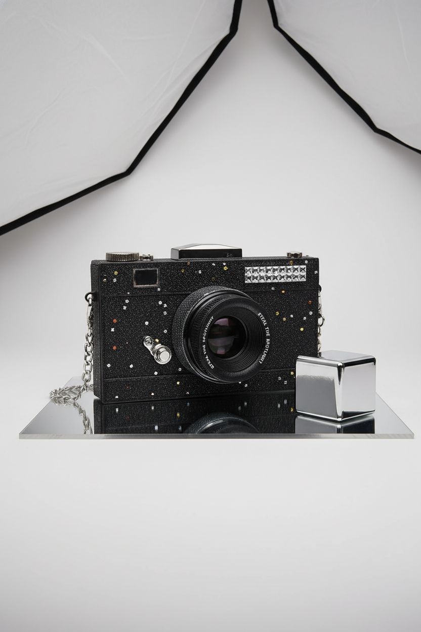 QZUnique black glitter camera bag displayed on a sleek surface.