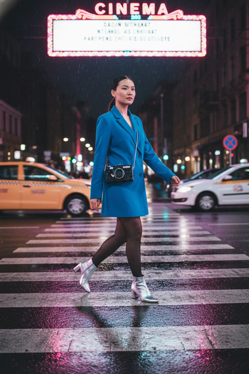 QZUnique black glitter camera bag worn crossbody in neon-lit urban setting.