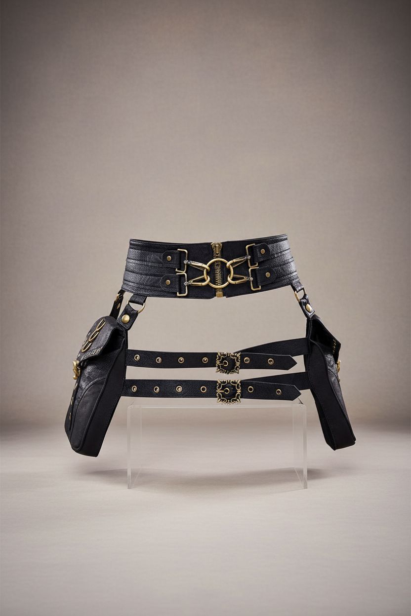 Valentoria steampunk leather waist bag on a neutral backdrop showcasing details