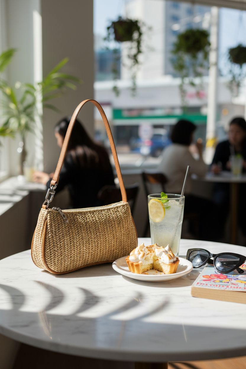 Verdusa straw bag on a marble table with a drink and sunglasses, ideal for sunny days.