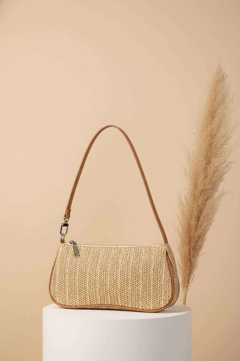 Verdusa Women's straw bag showcased on a minimalist pedestal emphasizing its design.