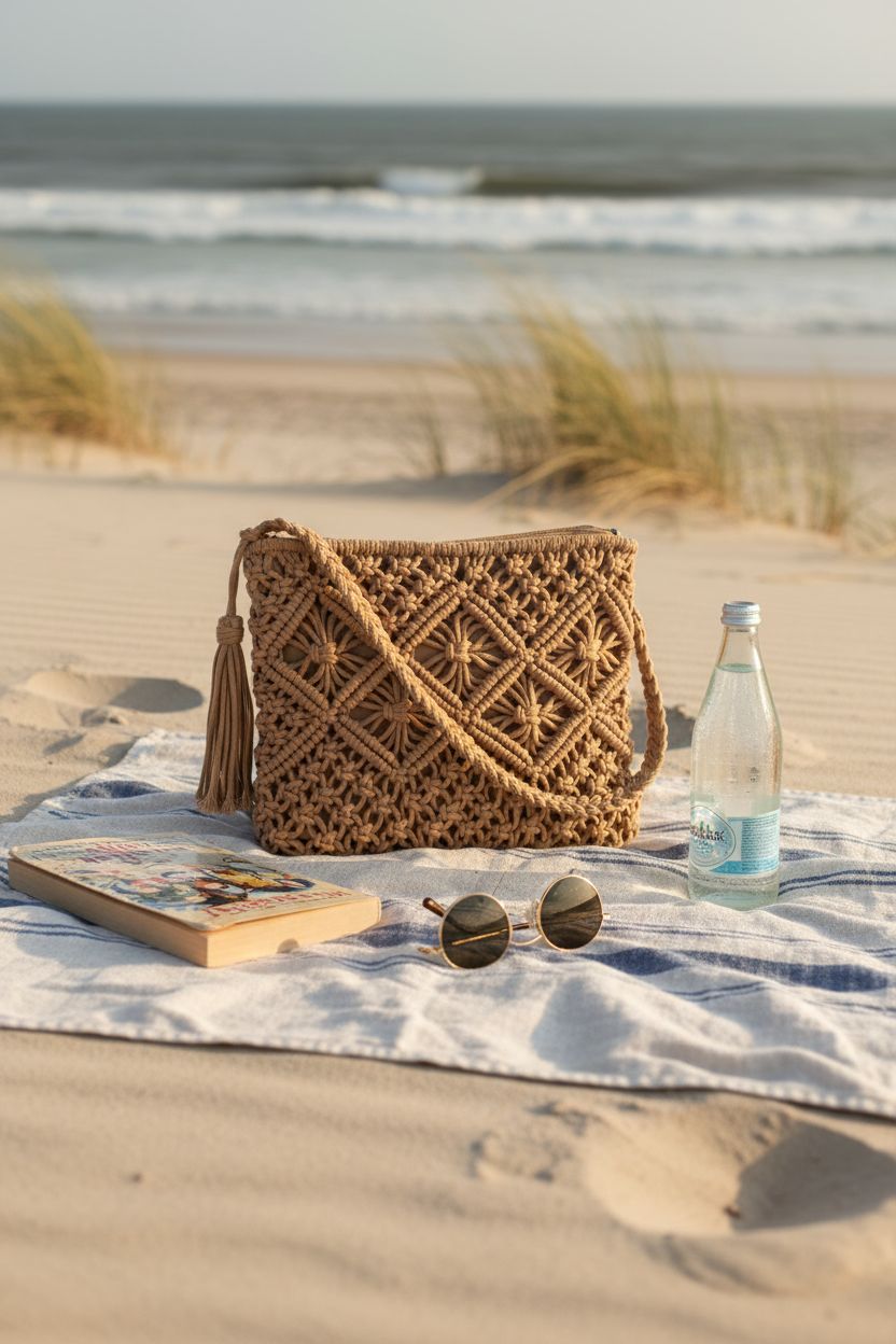 Vavili camel straw crossbody bag on a beach towel with summer accessories