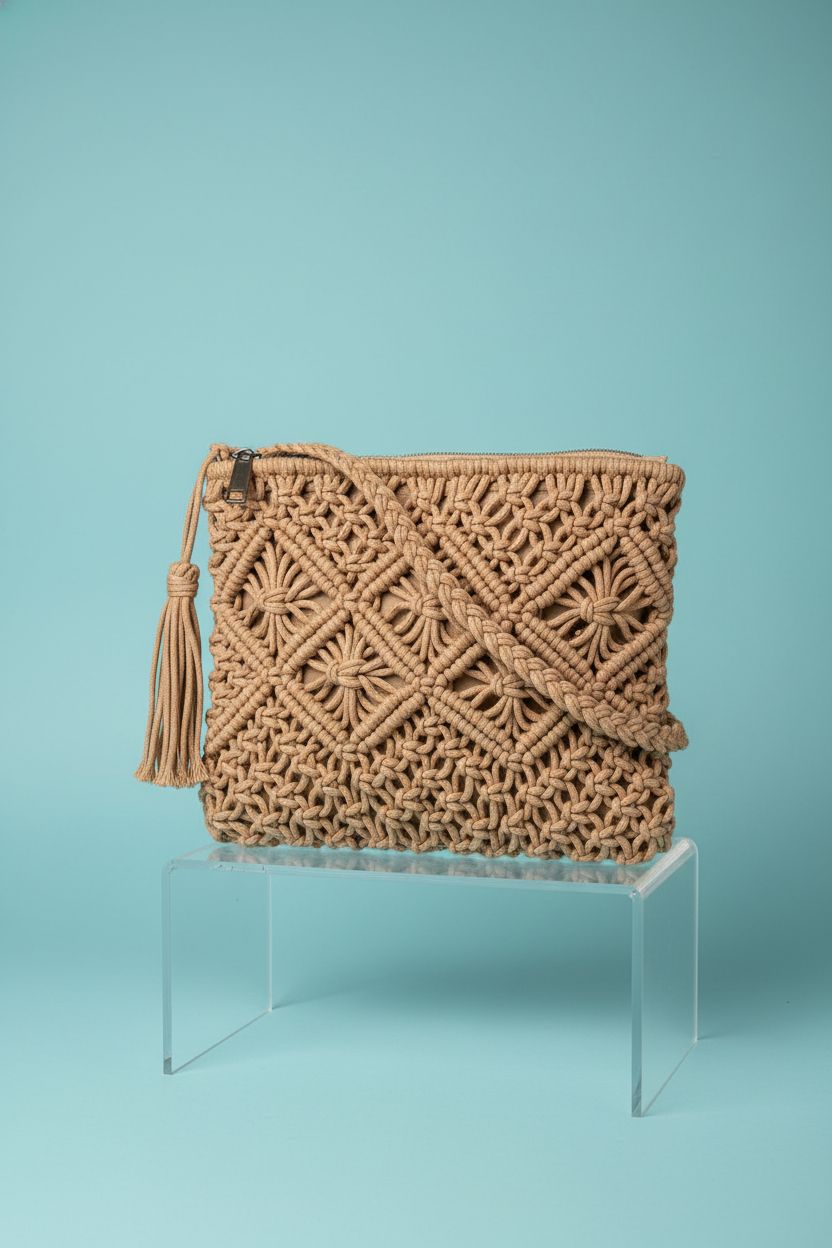 Close-up of Vavili handwoven camel straw crossbody bag showcasing craftsmanship