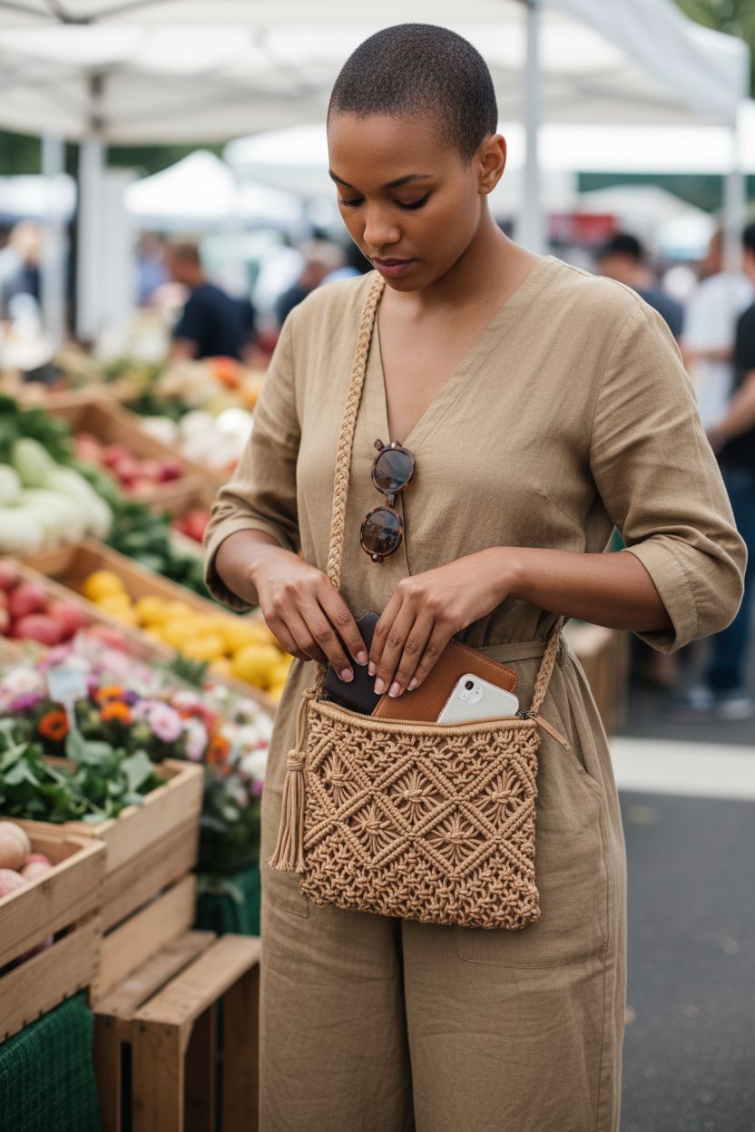 Vavili camel straw crossbody bag with tassel, perfect for farmers’ markets
