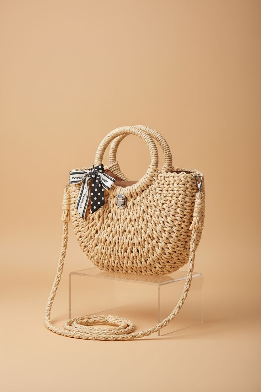 Dailyacc straw shoulder bag showcased in a clean studio, highlighting its craftsmanship.