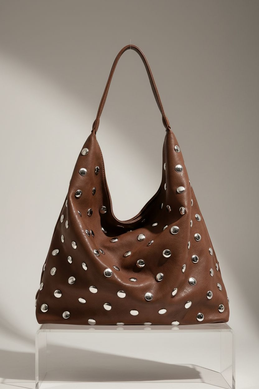 Showcasing the Liziblloy studded hobo bag on a clean studio set, highlighting its soft leather and stylish design.