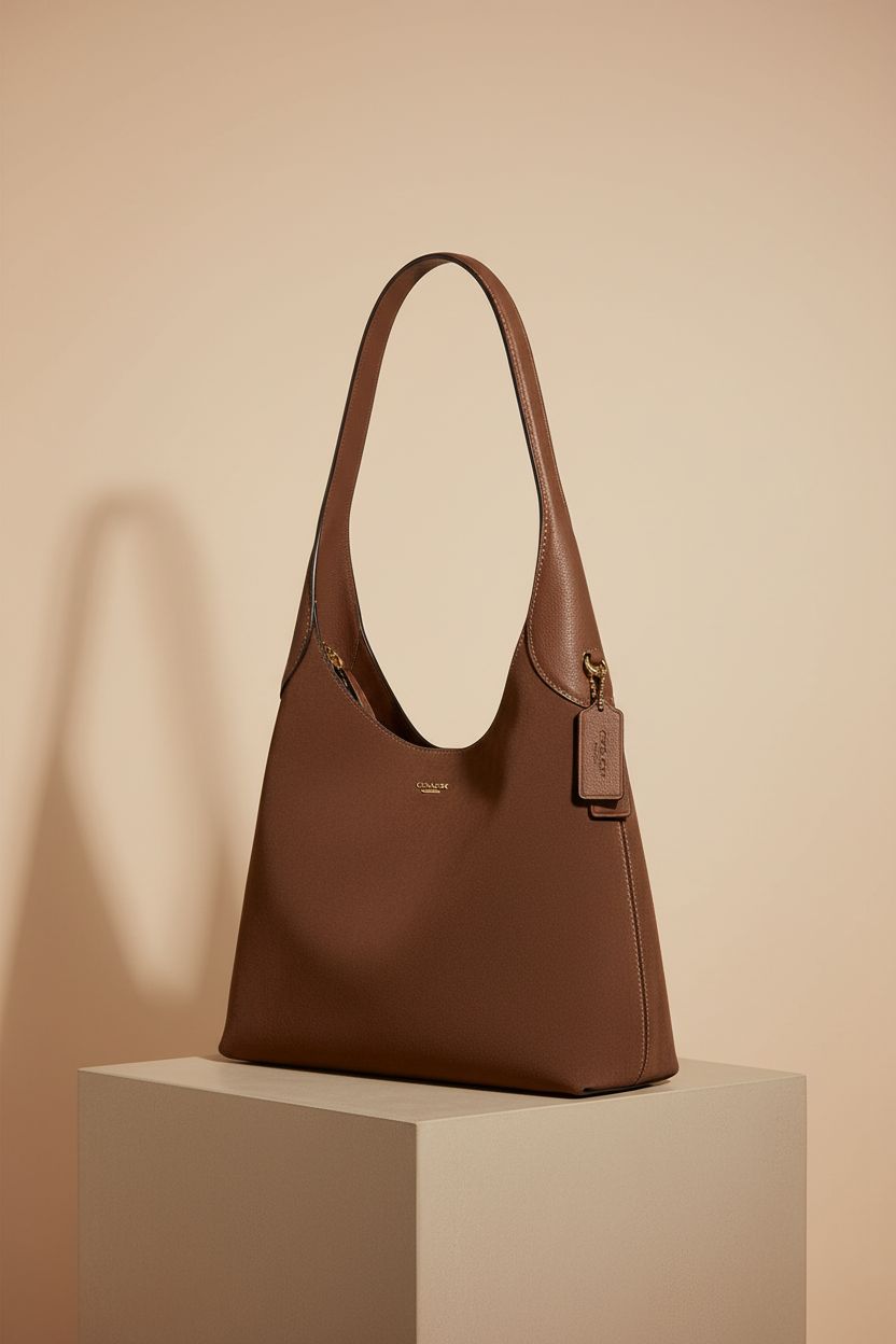 Close-up of Coach Brooklyn Shoulder Bag 28 in warm brown suede, emphasizing craftsmanship and style.