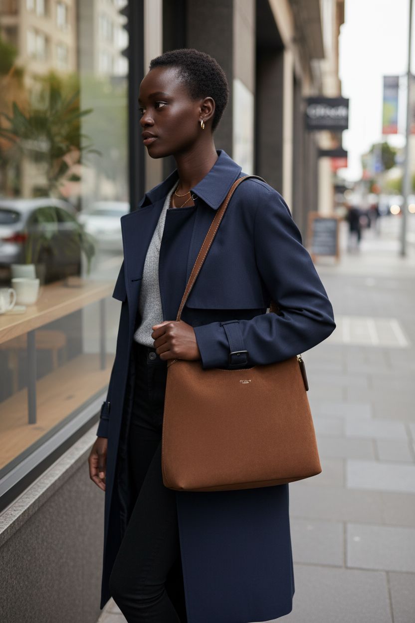 Coach Brooklyn Shoulder Bag 28 in warm brown suede on a café table, showcasing its hobo style.