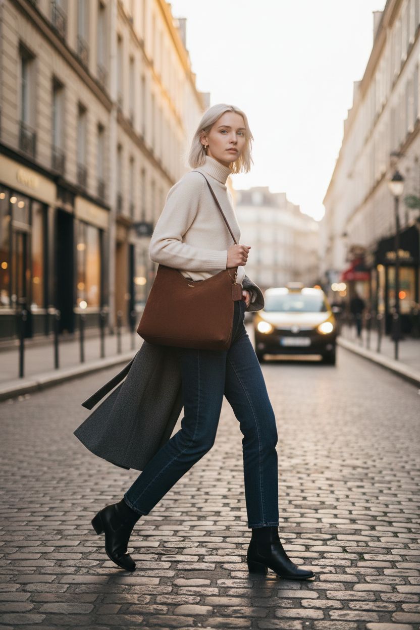 Warm brown suede hobo bag by Coach, effortlessly styled for an urban setting.