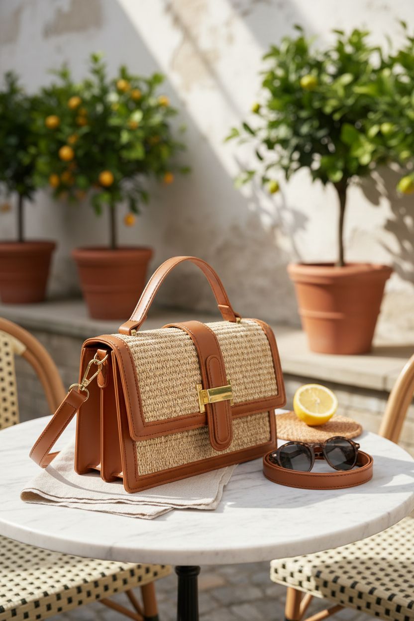 KKXIU top handle straw purse on a café terrace with Mediterranean vibes.