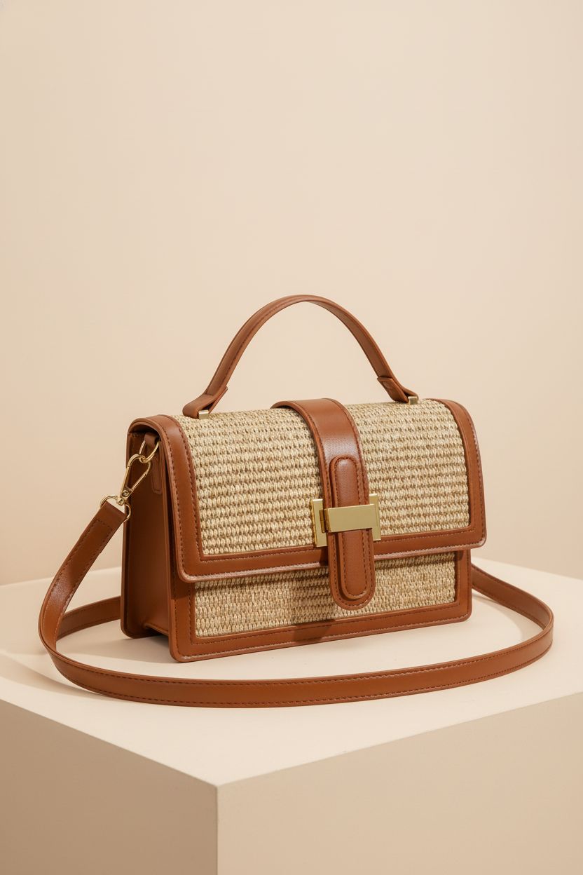 KKXIU summer straw handbag displayed on a minimal studio backdrop.