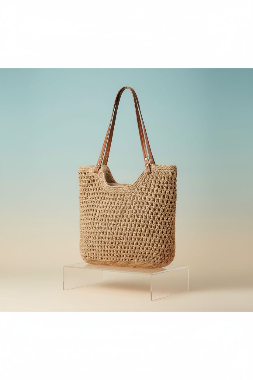 Pleneal tan crochet beach bag showcased in a studio, highlighting its stylish design.