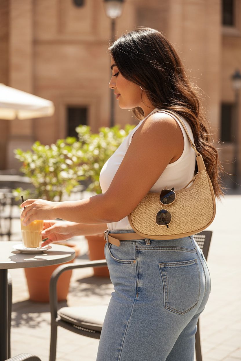 Straw crescent bag by JOZZYAPA sits stylishly on a shoulder at a café, perfect for summer.