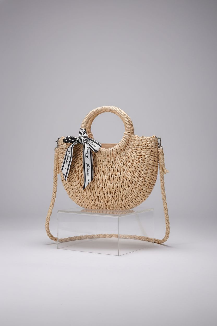 Dailyacc woven straw bag displayed elegantly in a studio, highlighting its premium craftsmanship.