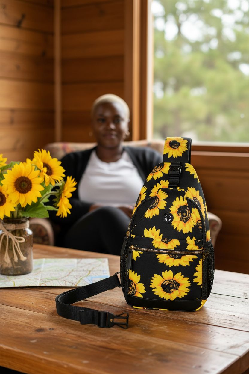 Vankor sunflower sling bag beside fresh sunflowers, creating a cozy and inviting atmosphere.