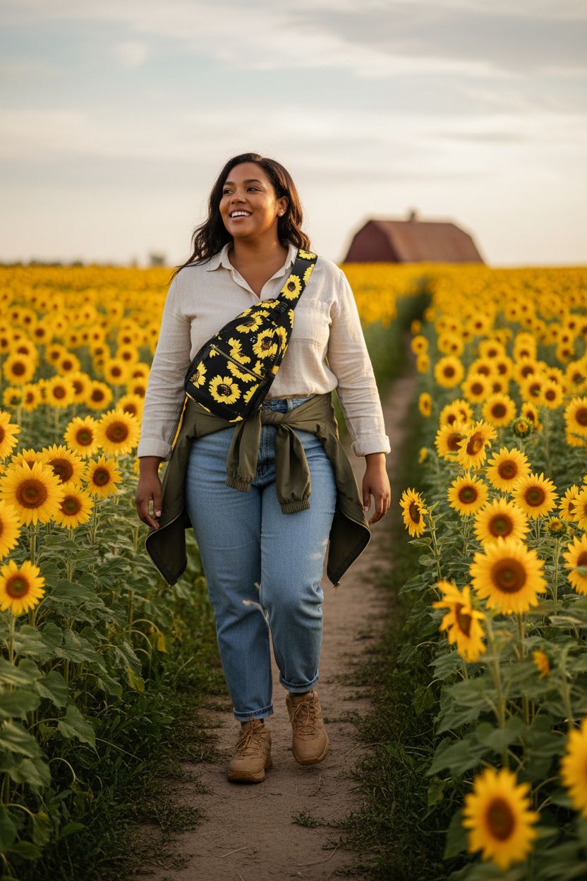 Vankor crossbody sunflower purse in a blooming field, perfect for casual outdoor adventures.