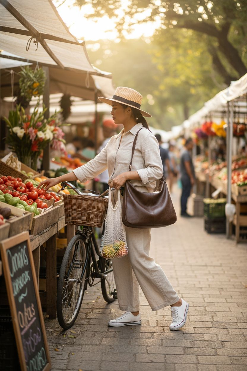 NIUEIMEE ZHOU sustainable hobo bag in warm brown, stylishly unzipped with a stainless bottle inside.