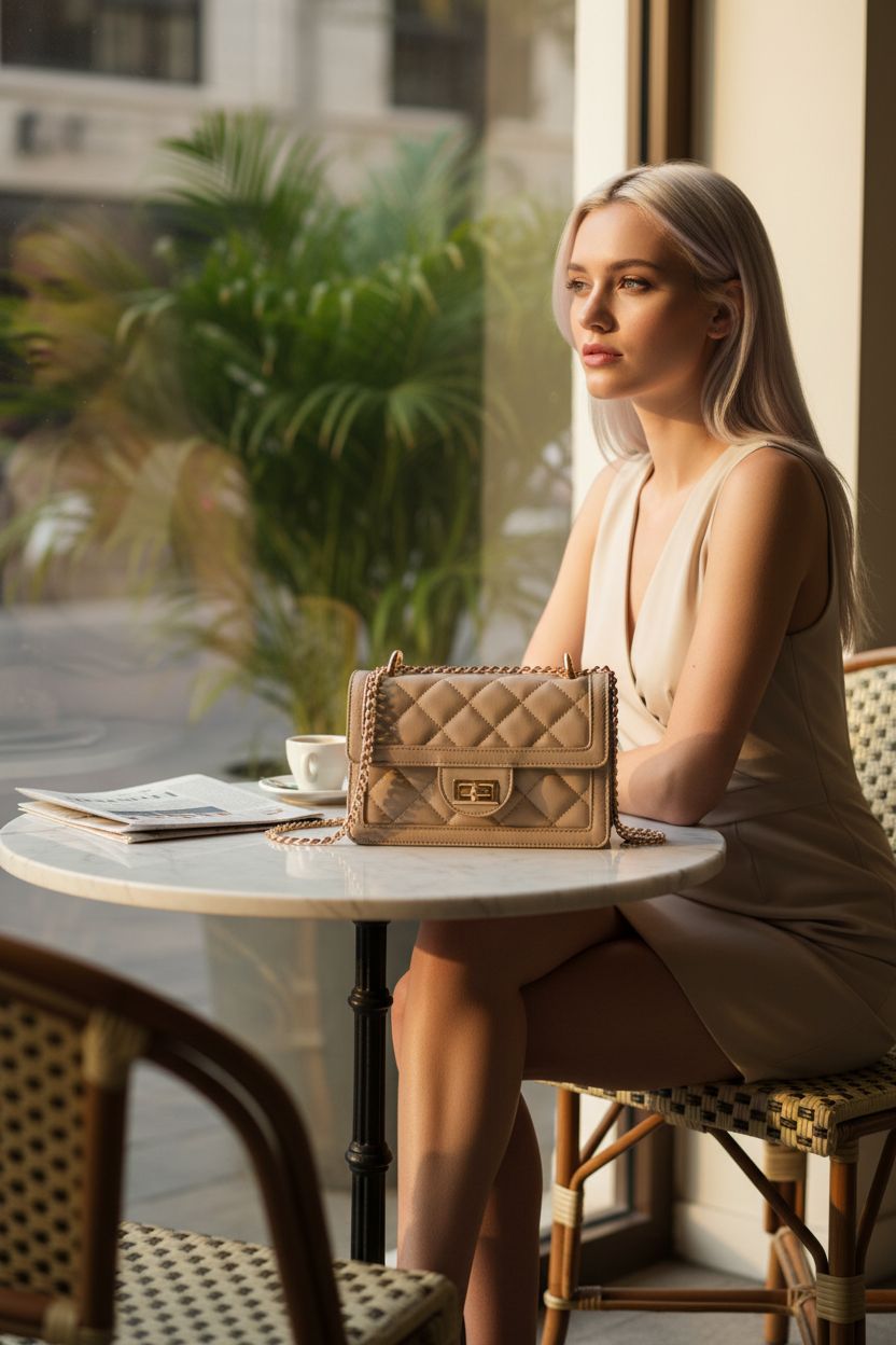 SG SUGU taupe handbag resting on a marble table in a cozy café, surrounded by morning light.