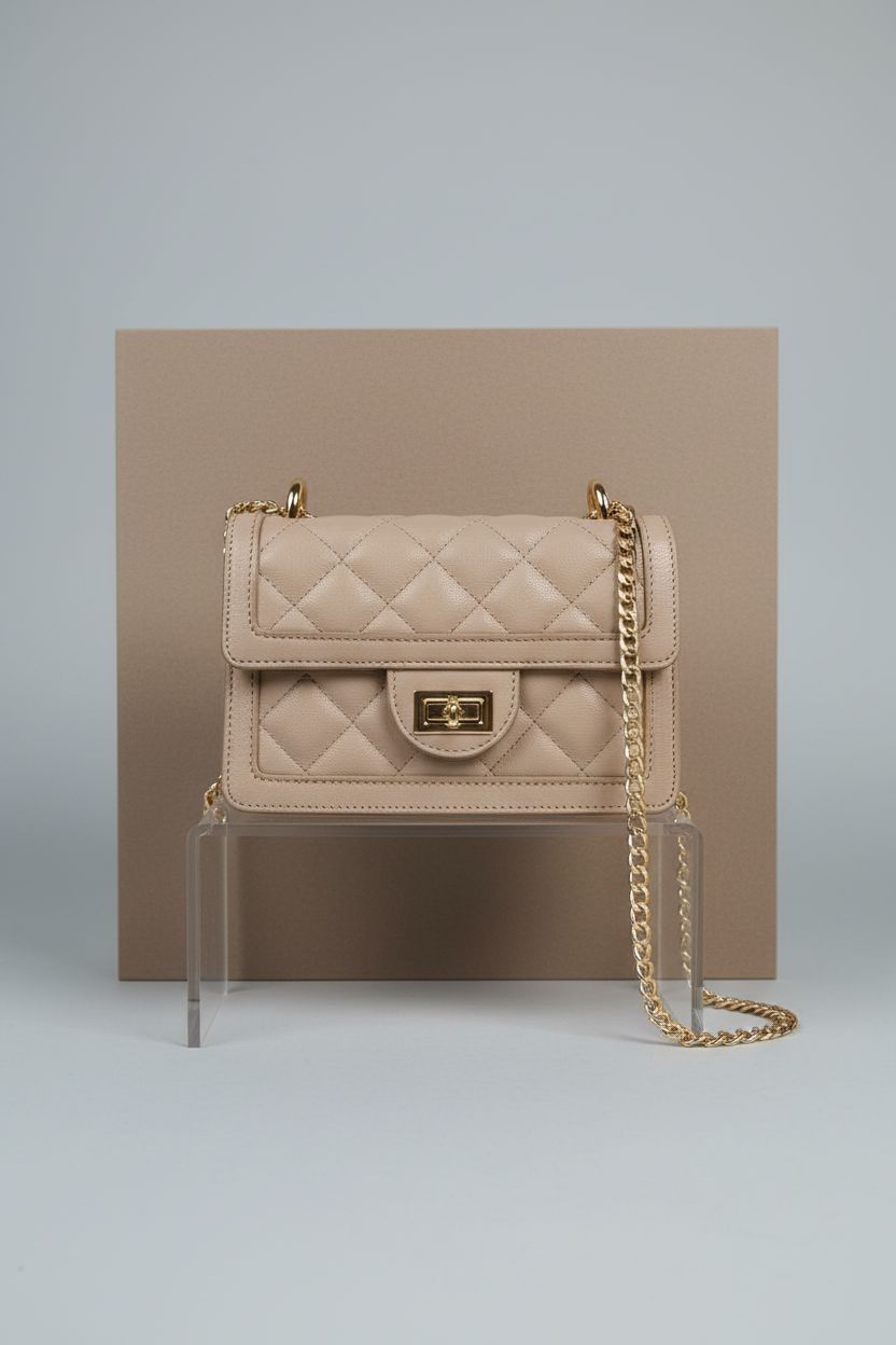 SG SUGU taupe handbag on a clear acrylic riser, showcasing its quilted texture and stylish design.