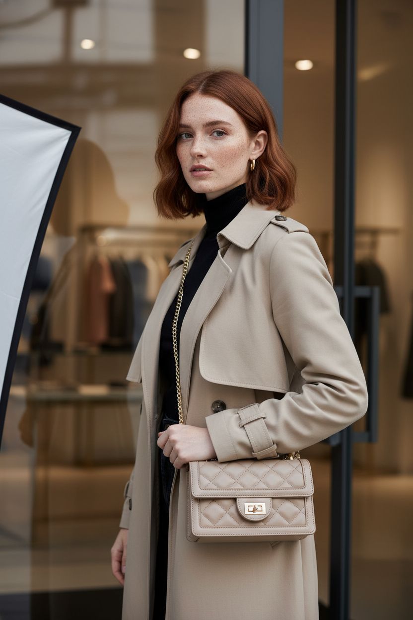 SG SUGU taupe handbag showcased at a boutique doorway, highlighting its elegant design.