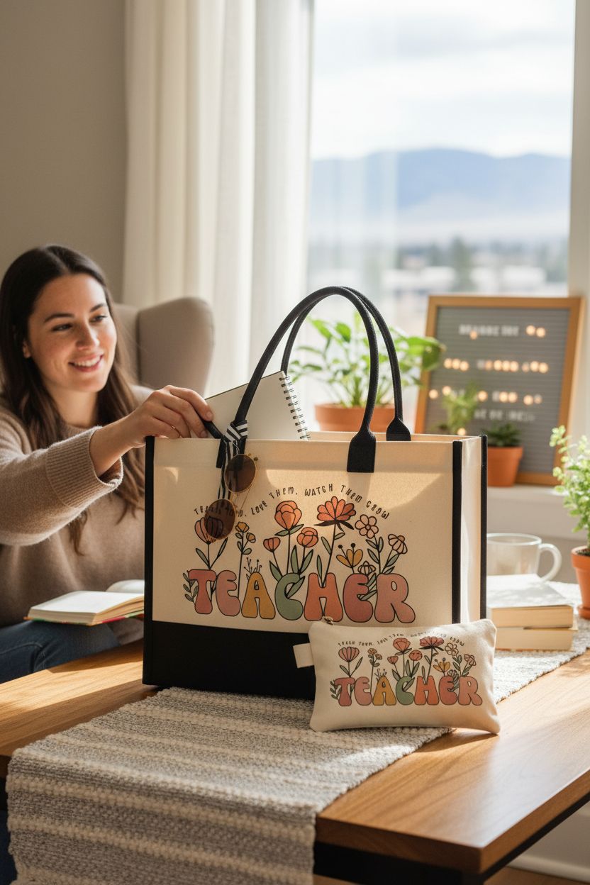 Cozy reading nook with canvas tote bag and planner on oak table, Itotegifts teacher bag