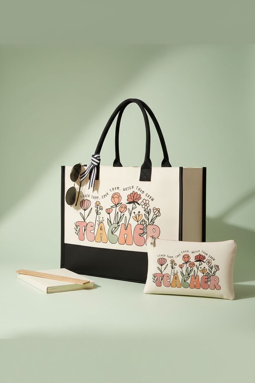Elegant canvas tote bag and makeup pouch against light-sage backdrop, Itotegifts teacher bag