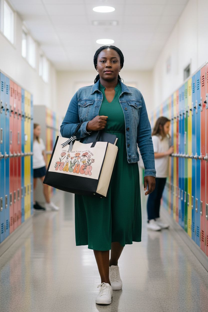 Canvas tote bag with black base and handles in a vibrant school hallway, Itotegifts teacher bag