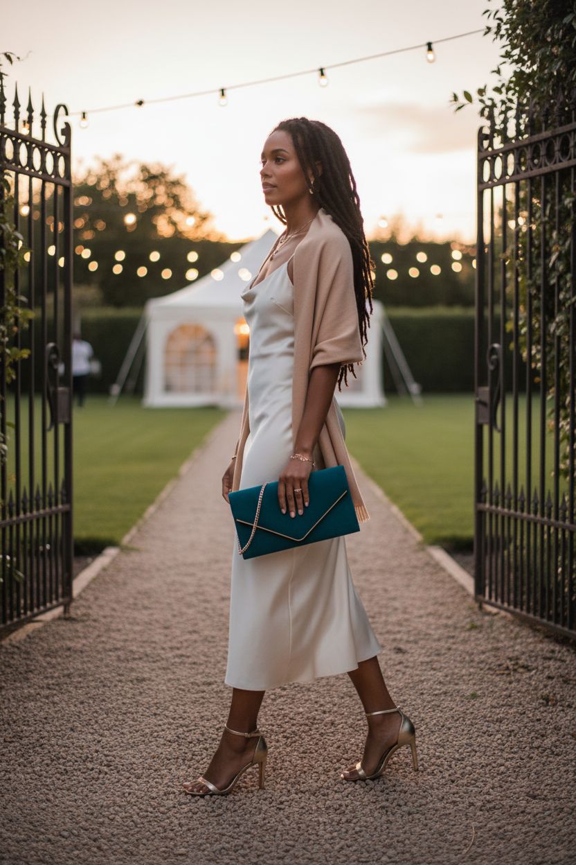 Teal velvet Dasein clutch contrasting beautifully with an ivory satin dress at a wedding