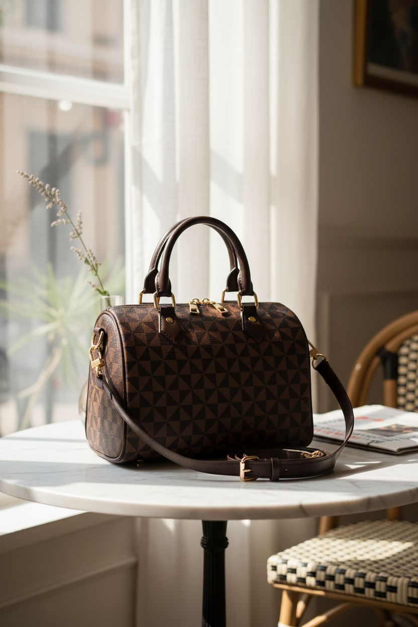 Lacel Urwebin brown bag showcased in a serene café setting with elegant decor.