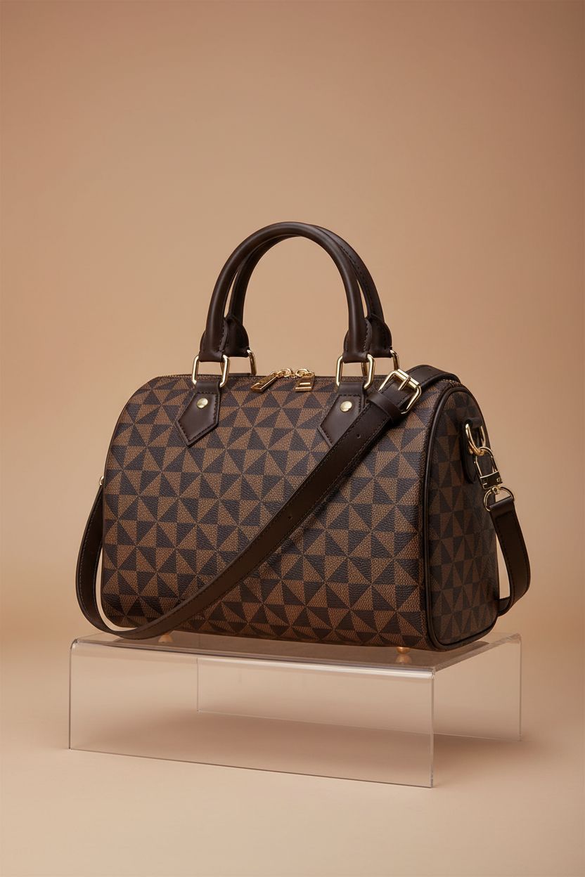 Lacel Urwebin brown structured handbag on a studio backdrop, highlighting its design.