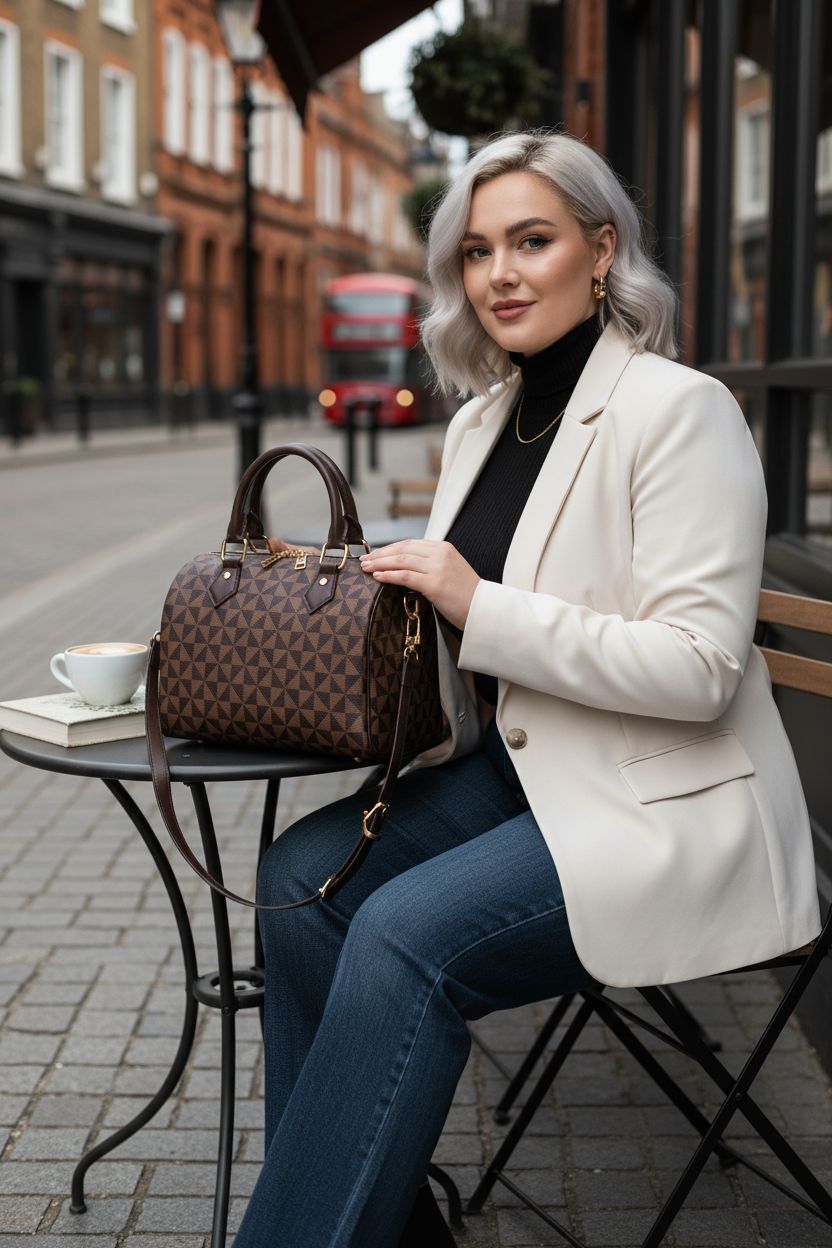 Lacel Urwebin brown geometric crossbody bag on a café table, stylish and functional.