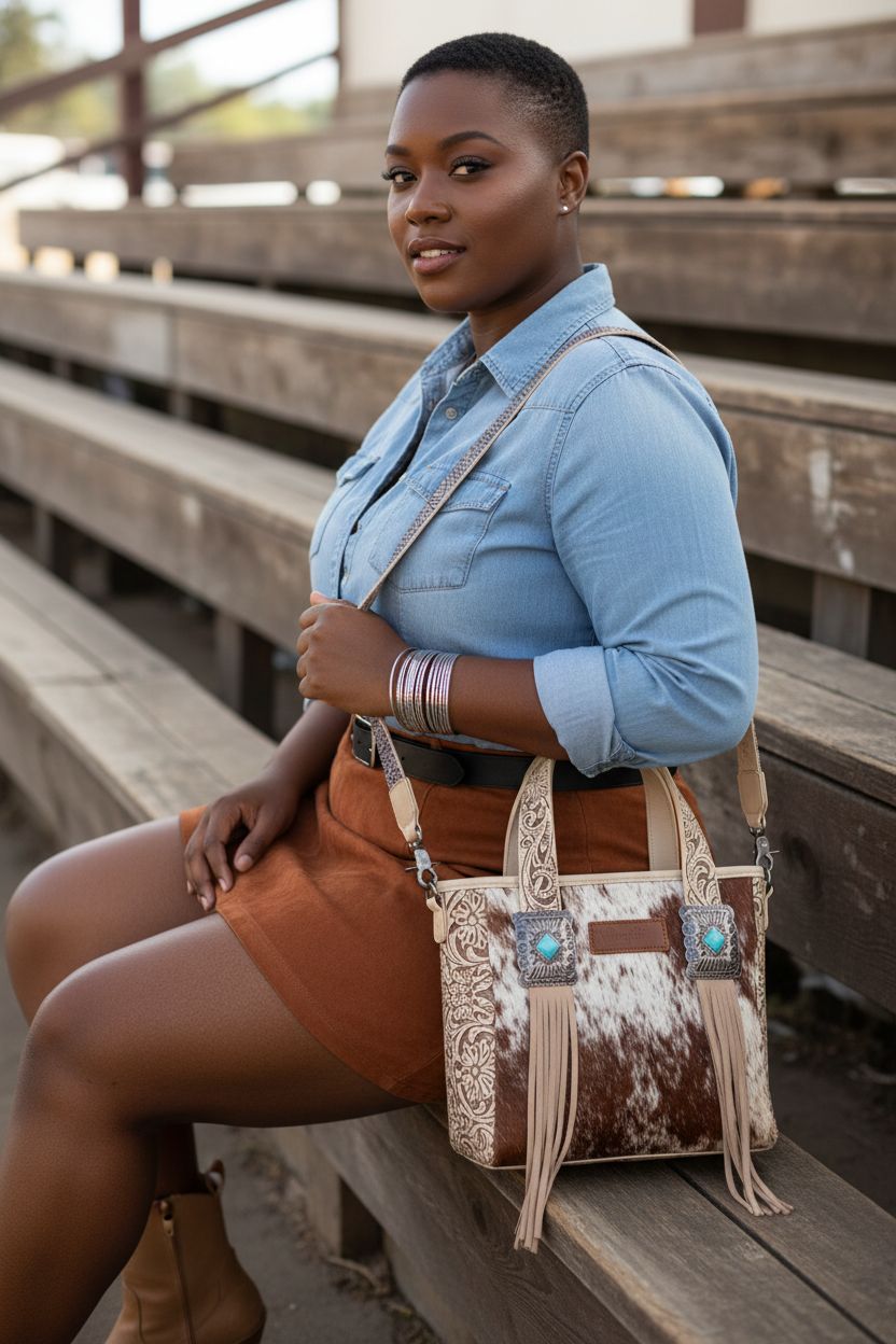Montana West floral tooled crossbody bag showcasing turquoise conchos in a rodeo setting.