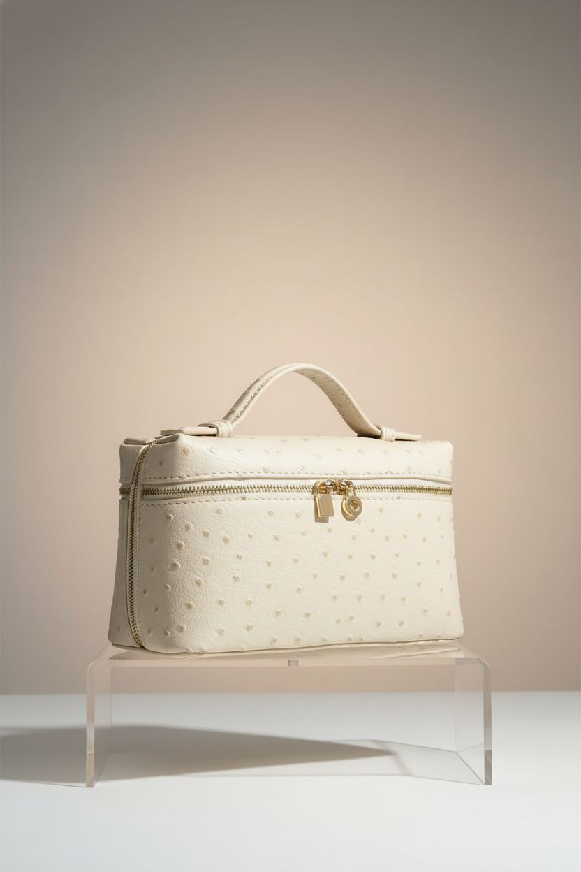 Rejolly top handle bag elegantly displayed on an acrylic riser, highlighting its design and gold hardware.